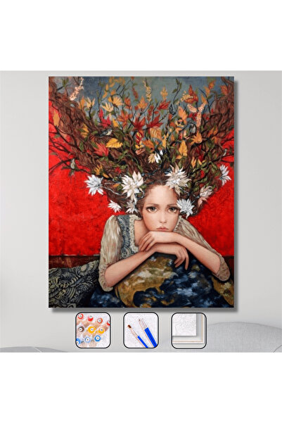 Pastelya Sayılarla Boyama Seti Çerçeveli Kasnaklı Tabiat Saçlı Kız 40x50