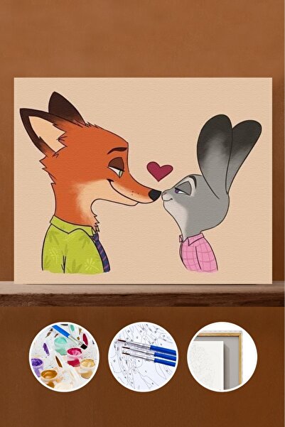 Pastelya Sayılarla Boyama Seti Çerçeveli Kasnaklı Tavşan ve Tilki Aşkı 60x75 cm