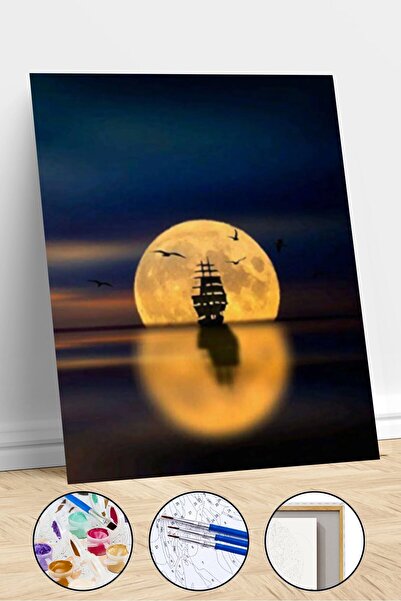 Pastelya Sayılarla Boyama Seti Çerçeveli Kasnaklı Dolunayve Gemi  40 x 50 cm