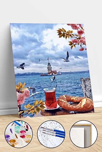 Pastelya Üsküdar da Çay Simit Sayılarla Boyama Seti Çerçeveli Kasnaklı 40x50 cm