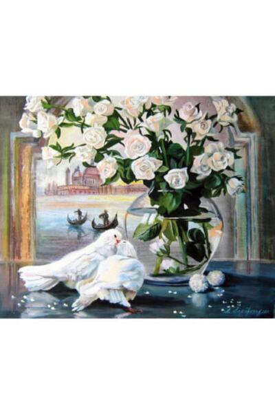 Pastelya Sayılarla Boyama Seti Çerçeveli Kasnaklı Güvercin Ve Çiçek 40 x 50 Cm