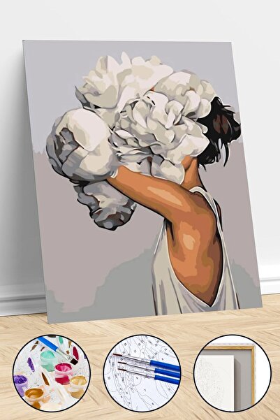 Pastelya Çiçek Kadın Sayılarla Boyama Seti Çerçeveli Kasnaklı 40x50 cm