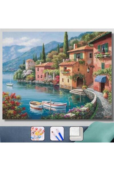 Pastelya Sayılarla Boyama Seti Çerçeveli Kasnaklı Sahil Manzarası 2 60 x 75 cm