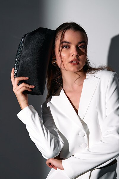 Berlesi Geantă de seară clutch cu paiete argintiu din satin negru