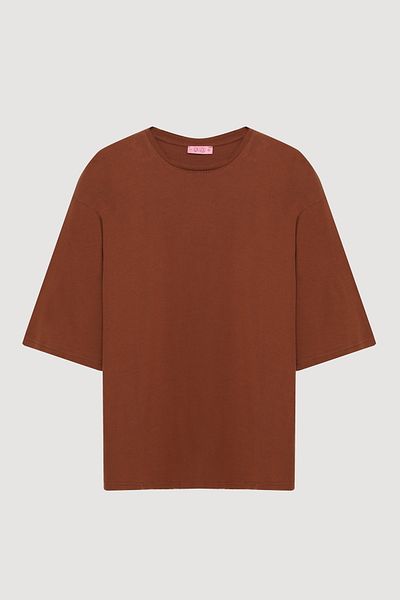 Quzu Three Quarter Sleeve Basic Oversize T-Shirt Brown