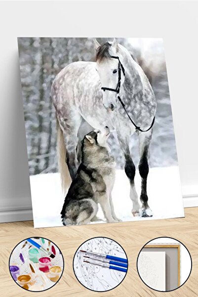 Pastelya Sayılarla Boyama Seti Çerçeveli Kasnaklı Benekli At Ve Kurt  40 x 50 cm