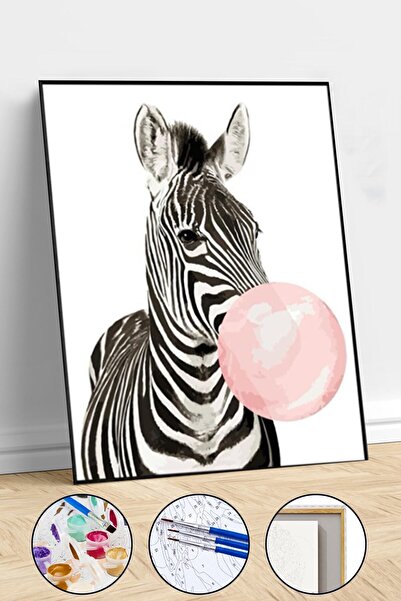 Pastelya Pembe Sakız ve Zebra Sayılarla Boyama Seti Çerçeveli Kasnaklı 40 x 50 cm
