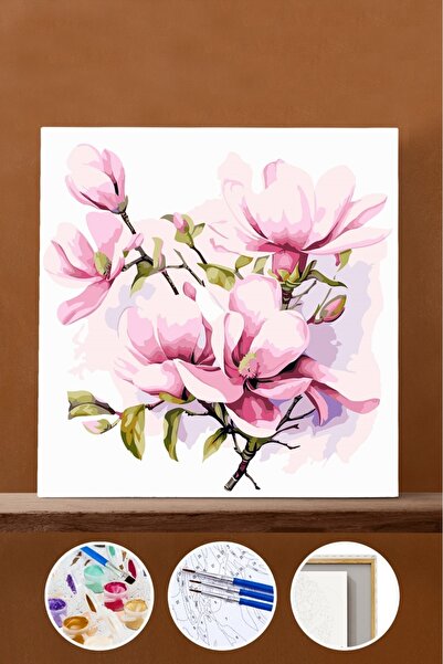 Pastelya Sayılarla Boyama Seti Çerçeveli Kasnaklı Pembe Manolyalar 40x50 cm