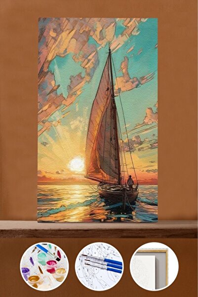 Pastelya Sayılarla Boyama Seti Çerçeveli Kasnaklı Gün Batımı Ve Yelkenli 60x75
