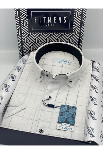 Fitmens Classic Short Sleeve Checkered Linen Cotton Collar Buttoned Men's Shirt with Gift Box Fs- 003573   - White Gray