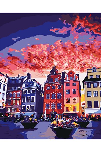 Pastelya Sayılarla Boyama Seti Çerçeveli Kasnaklı Renkli Evler 40 x 50 Cm