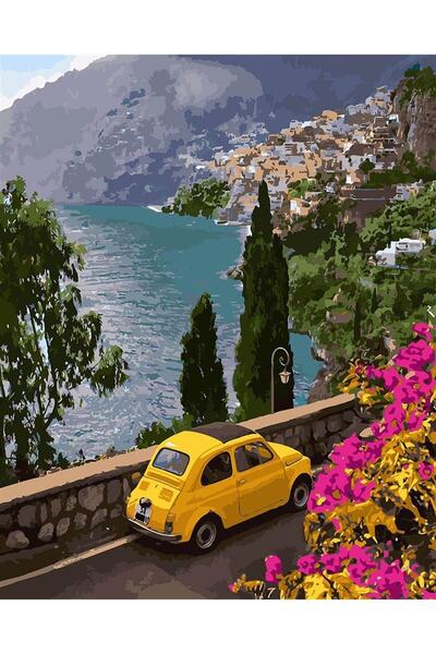 Pastelya Sayılarla Boyama Seti Çerçeveli Kasnaklı Sarı Araba Ve Manzara 40x50 Cm