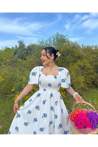 Afiş Butik White Gipeli Floral Patterned Midi Dress