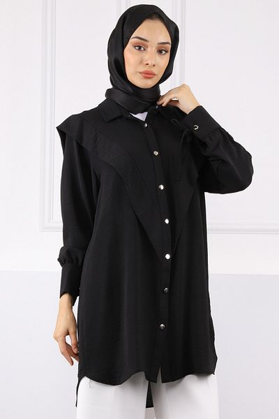 İmajButik Μαύρο τουνίκ - Μπροστινή λεπτομέρεια και δεμένο μανίκι