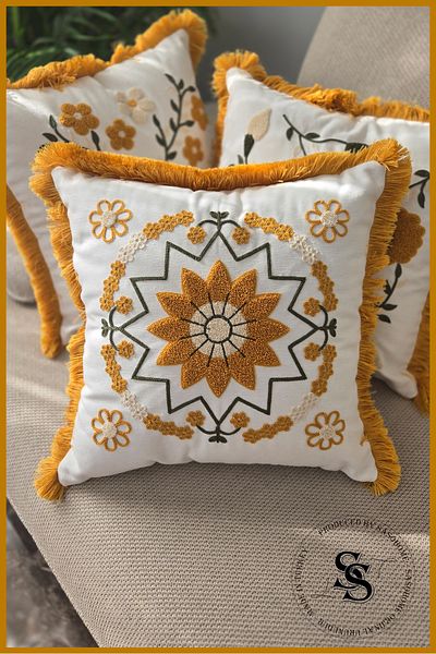 SasoHome Beauty Flowers Punch Embroidery Patterned Linen Throw Pillow Cover