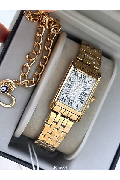 Ferrucci Sarı Renk Çelik Kordon Su Geçirmez Garantili Kol Saati+bileklik