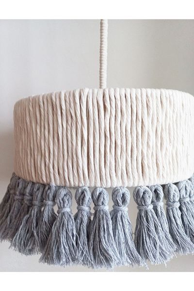 C&A&B KUZEY AVİZE Ecru Macrame Rope Wrap Gray Fringed Design Baby - Child - Teen Room Design Pendant Lamp Chandelier