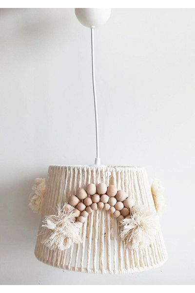 C&A&B KUZEY AVİZE Macrame String Wrapped Wooden Beaded Rainbow Applique Handmade Pompom Kids and Baby Room Chandelier