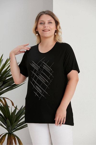 BERA LINE PLUS Women's Black Plus Size Stone Detail Bluz