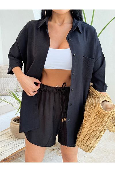 LB Laluna Butik Set pantaloni scurți de cămașă oversize din stofă de in pentru femei