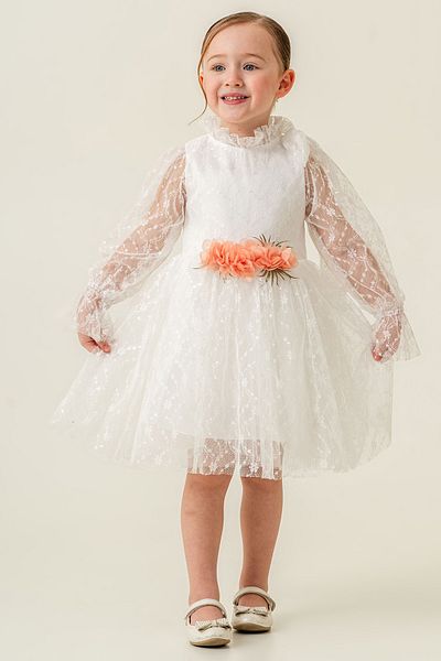 Eray Kids Floral Girls' Evening Dress with Lace Neckline and Shoulder Detail