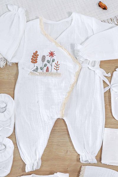 Sitilin Baby Girl Newborn Embroidered Fancy Natural Muslin 10 Piece Luxury Hospital Release Bodysuit Set Stl6998