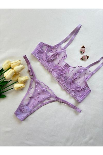 İNKO İÇ GİYİM Set sutien din tul fără căptușeală cu sârmă florală (BRA TANGA)