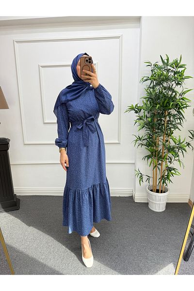 Nisa Nalbantoğlu Navy Blue Patterned Poplin Hijab Dress