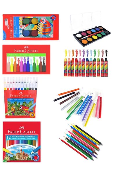 Faber Castell المجموعة المدرسية 3 - طلاء جاف، ألوان مائية، قلم لباد، طلاء باستيل (12 لونًا)