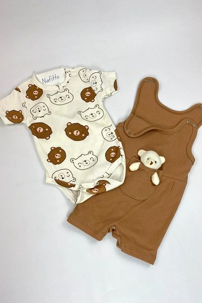 NAFİTTO "Summer Toy Patterned Teddy Bear Baby Jumpsuit Set - Combed Cotton Bodysuit and Pocketed Salopet Set 2-Piece Combination"