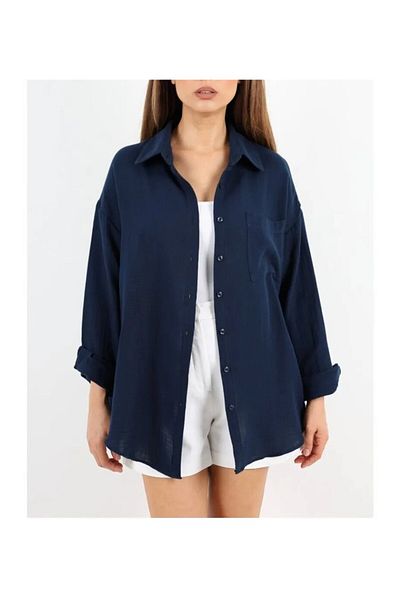 Modabenna Cămașă oversize din bumbac și in, albastru bleumarin, cu buzunare, cu umăr liber, femei
