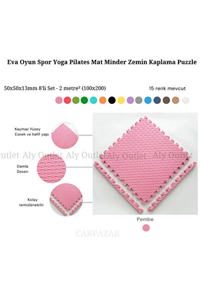 CARPAZAR Damla Desen Tatami Eva Spor Yoga Pilates Oyun Matı Halısı Minderi Puzzle 50x50 13mm 8 Adet 100x200