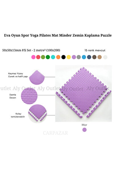 CARPAZAR Damla Desen Tatami Eva Spor Yoga Pilates Oyun Matı Halısı Minderi Puzzle 50x50 13mm 8 Adet 100x200