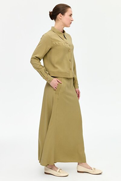 Esswaap Keten Büzgü Detaylı Etekli Takım Haki