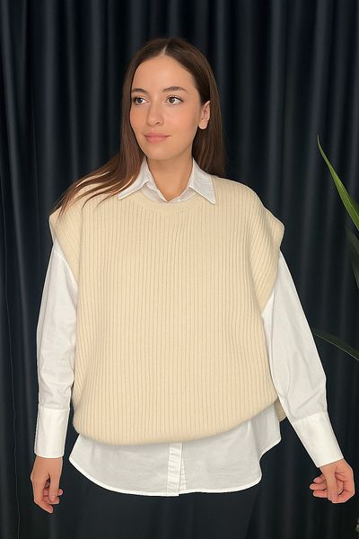 KURGAN TEKSTİL Crew Neck Ecru Knitwear Sweater