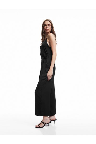 Koton Aerobin Fabric Belt Detailed Double Breasted Straps Wide Leg Long Satin Jumpsuit