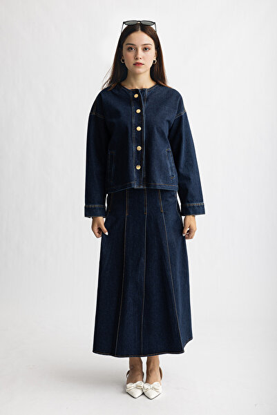 Suede Style 5264 - Шикарний зручний жіночий комплект з джинсової спідниці та жакета з деталями з піле