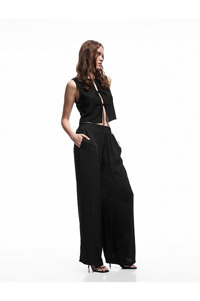 Koton Aerobin Fabric Pocket Pleated Wide Leg Satin Palazzo Pants