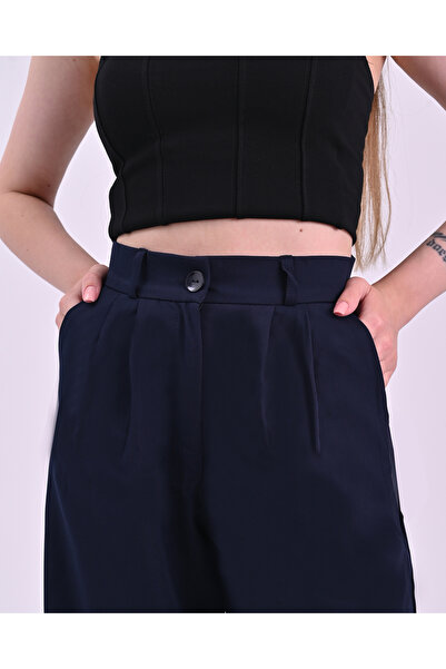 polle Pantaloni Palazzo cu talie înaltă de damă bleumarin