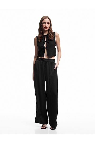 Koton Aerobin Fabric Pocket Pleated Wide Leg Satin Palazzo Pants