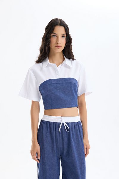 Quzu Shirt Matching Jeans Look Blouse Indigo