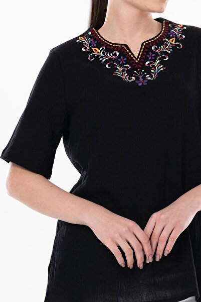 Eliş Şile Bezi Κοντό μανίκι Şile υφασμάτινο κέντημα ουράνιο τόξο Λεπτομερής καλοκαιρινή μπλούζα Μαύρη Μαύρη