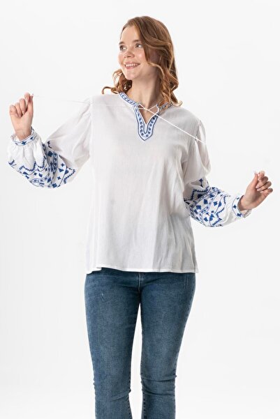 Eliş Şile Bezi Long Sleeve Sile Cloth - Idil V-Neck - Embroidered Summer Blouse