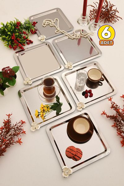 AKSESUAR EVRENİ Anter Set of 6 Stainless Coffee and Multi-Purpose Presentation Tray Square Stone Model
