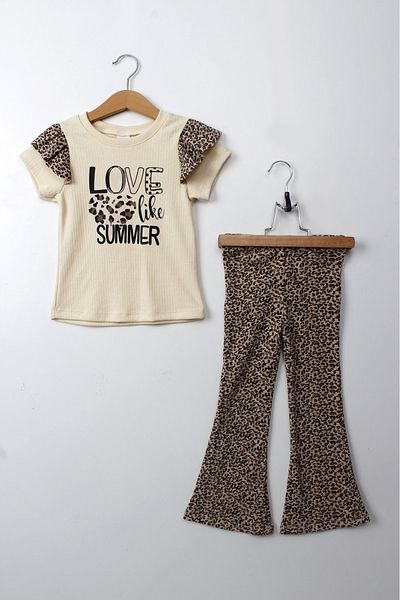 ESİLA KİDS Girl's Leopard Patterned Summer Double Suit Short Sleeve T-Shirt and Leggings