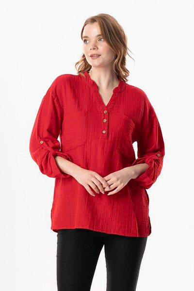 Eliş Şile Bezi Long Sleeve Asu Summer Blue and Red Muslin Blouse