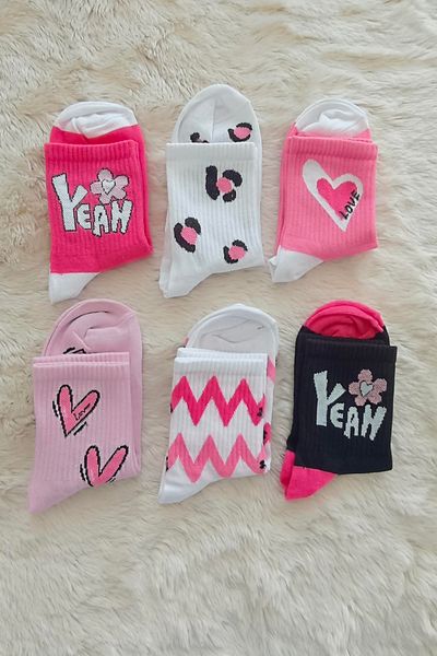 Esinti Унисекс детски чорапи до глезена с шарки Love Patterned College - 6 броя цветни чорапи