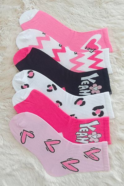 Esinti 6 Ζεύγη Love Heart Patterned Gift Socks Σετ Ροζ Χρώμα Γυναικείες κάλτσες κολεγίου 6 τεμαχίων