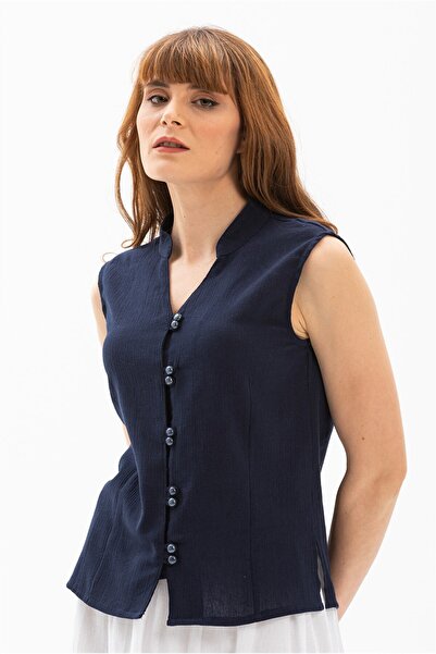 Eliş Şile Bezi Kolsuz Şile Bezi Arzu Yazlık Bluz Lacivert Lcvt