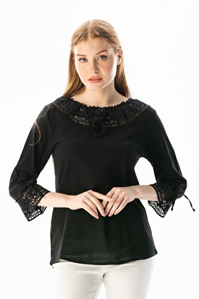 Eliş Şile Bezi Zehra Şile Bezi Yazlık Bluz Siyah Syh